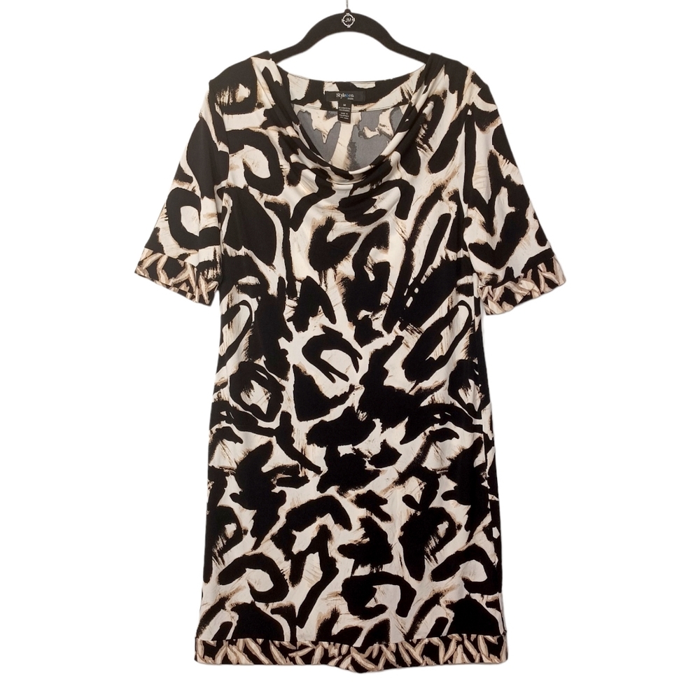 STYLE & CO Black Cream Brown Print Stretchy Shift Knee Length Dress Medium